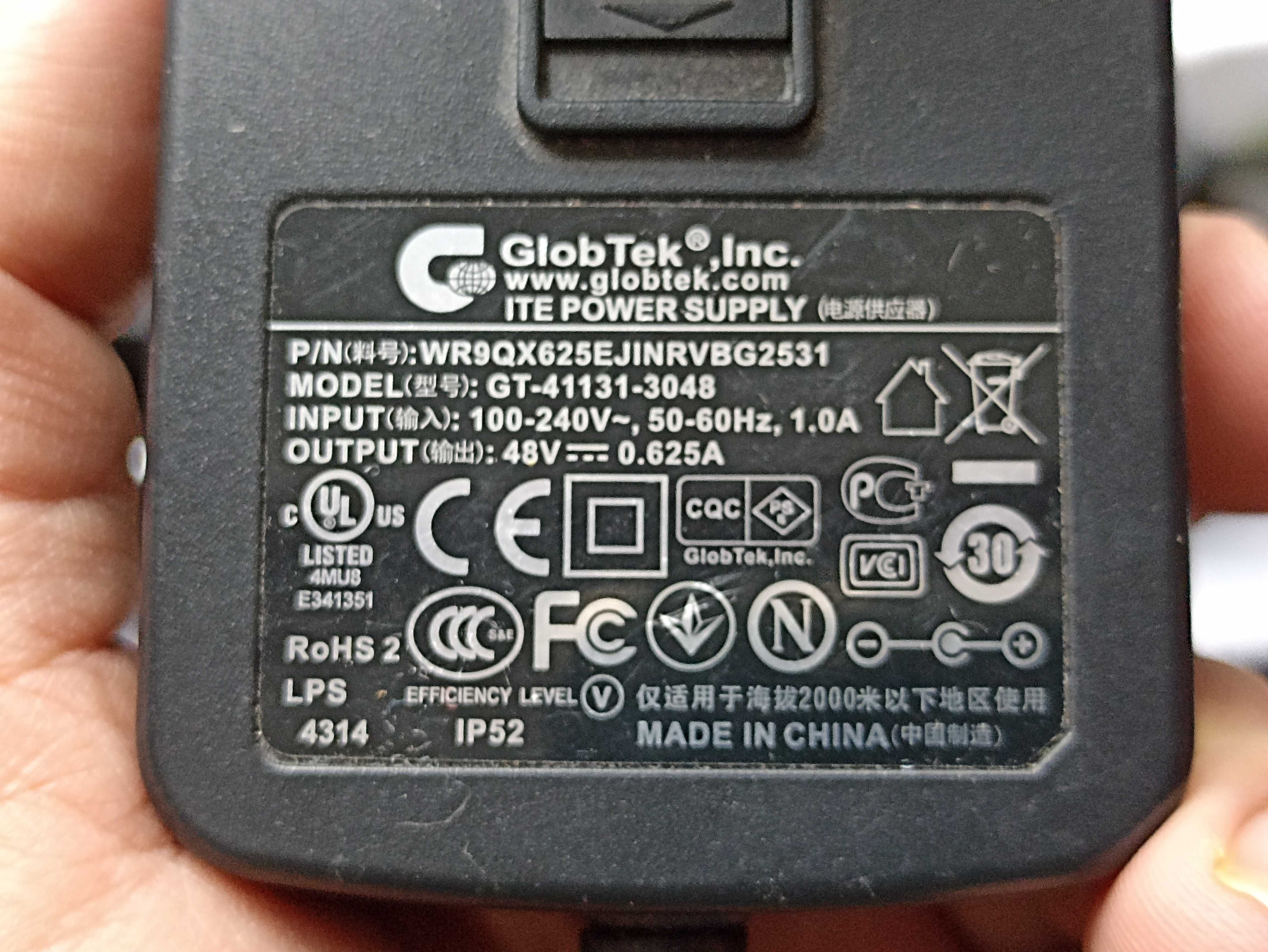 Genuine Globtek GT-41131-3048 AC Adapter 48V 0.625A 2.5x0.7mm OEM