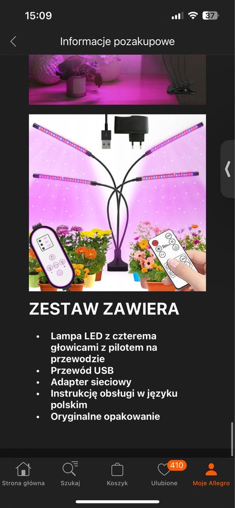 Lampa do wzrostu roślin poczwórna z adapterem sieciowym i pilotem