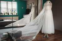 Suknia ślubna z welonem, odkryte plecy