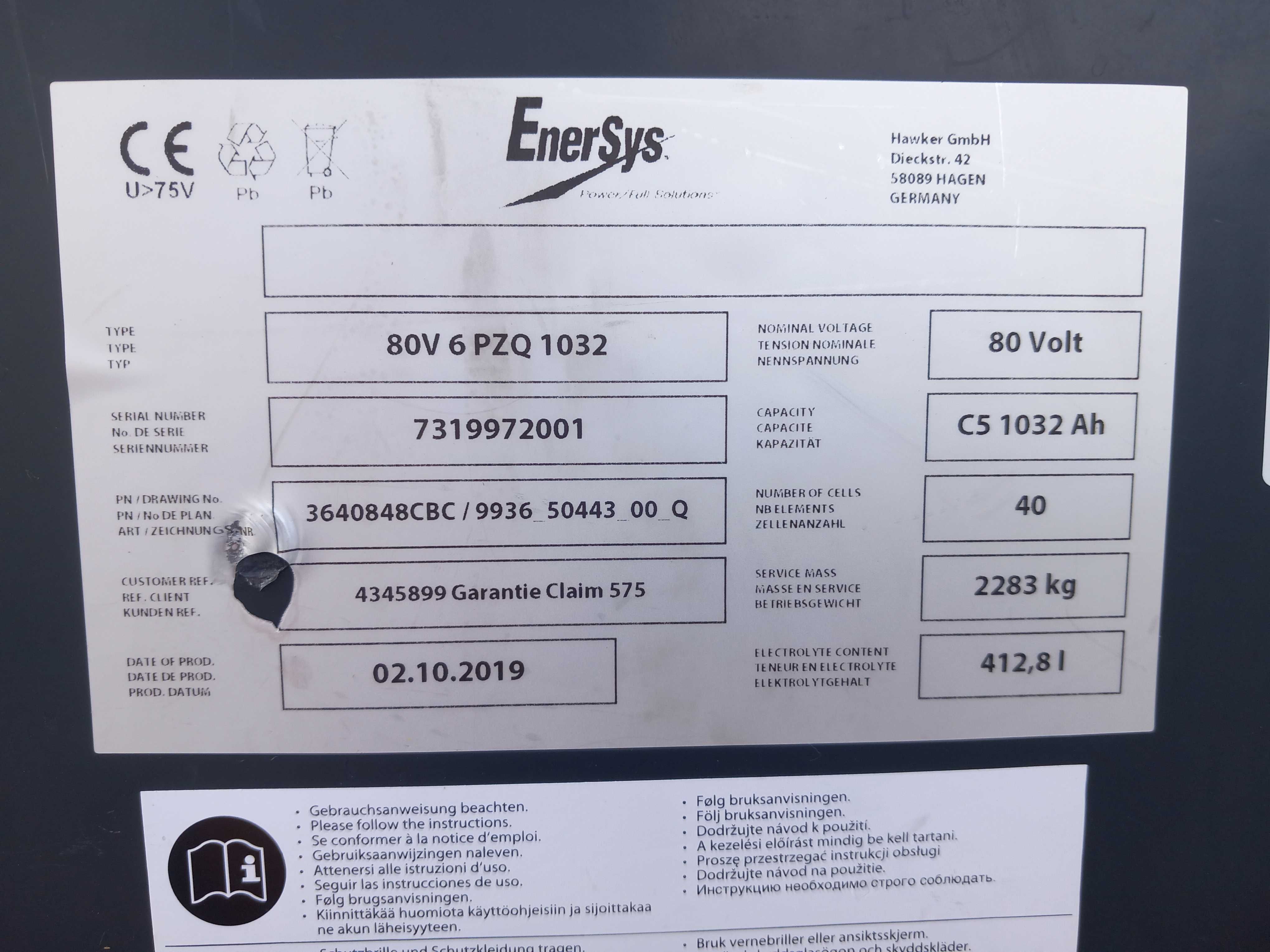 Bateria HAWKER 80V 1032Ah