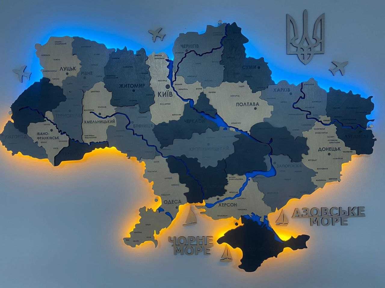 Дерев'яна мапа України з led підсвіткою річок і кордонів карта Украины