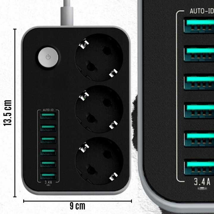 Listwa zasilająca 3 gniazda + 6x usb przedłużacz