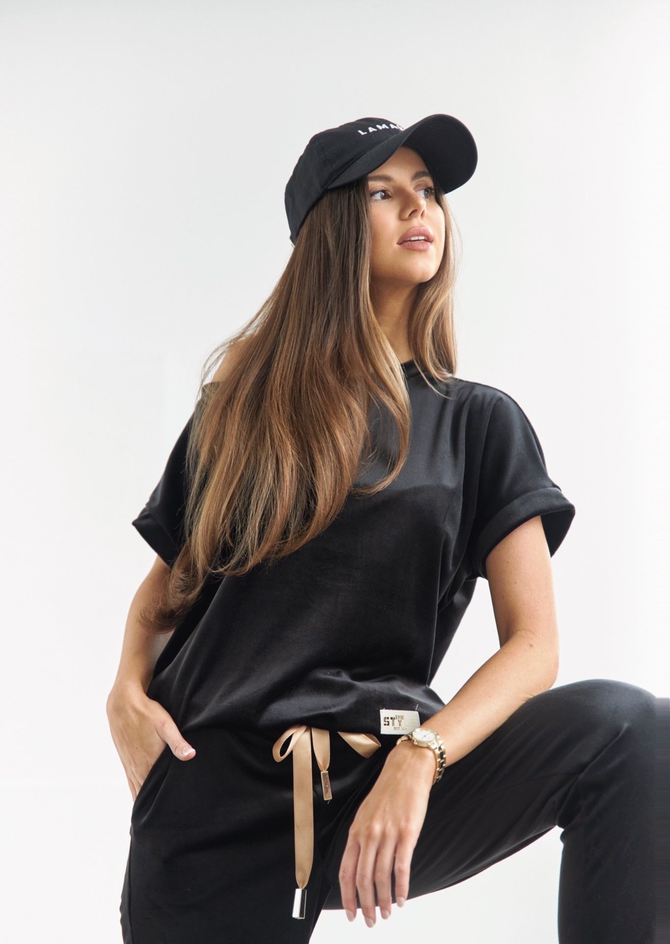 Komplet welurowy miękki dres czarny style bluzka Polski producent S