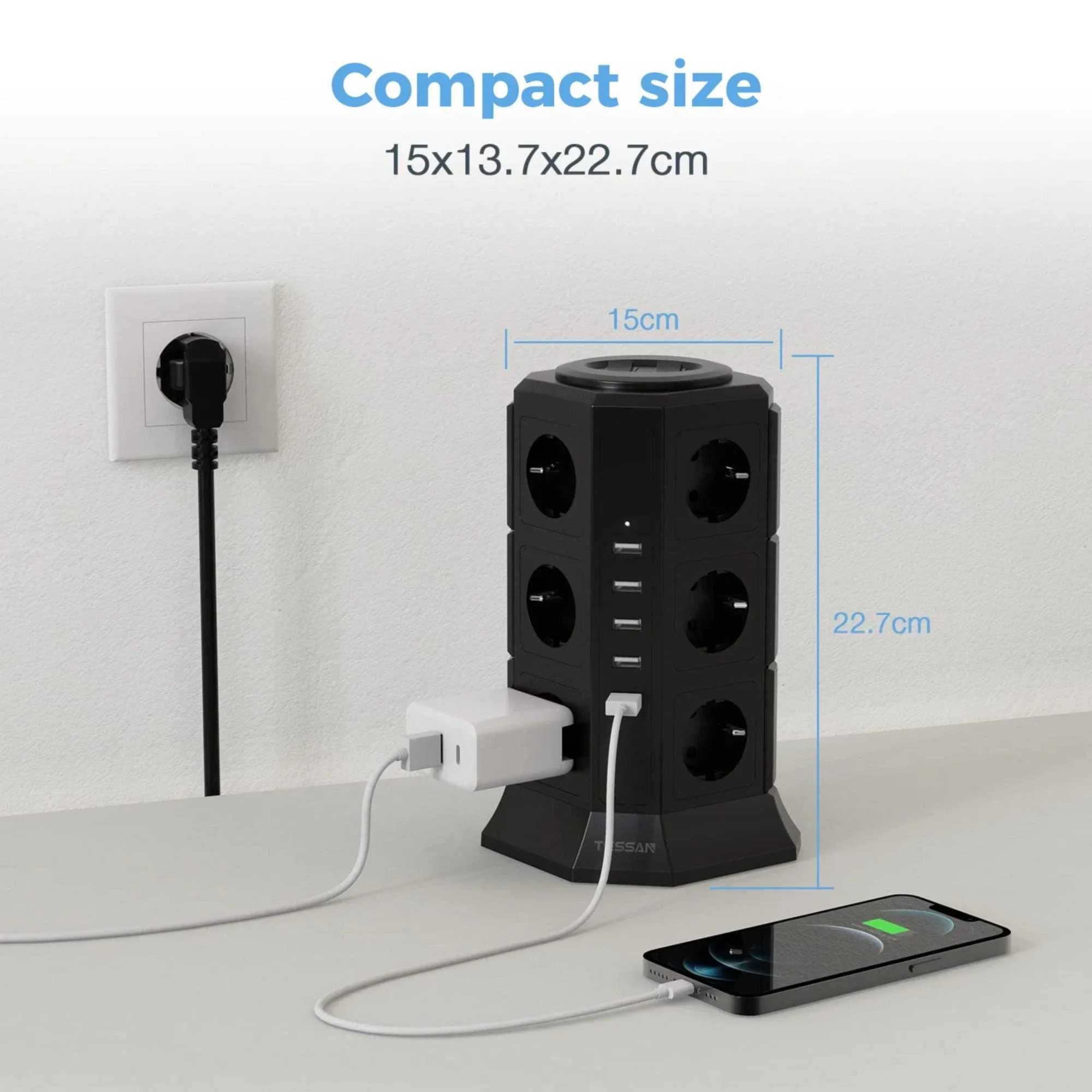 TESSAN Listwa Zasilająca Pionowa wieża 12 Gniazd + 5 USB 2m 2500 W