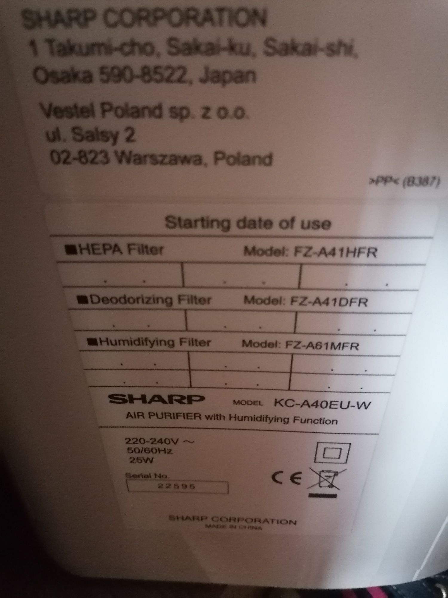 Oczyszczacz powietrza Sharp KC-A40EU-W Jonizacja Nawilżanie powietrza