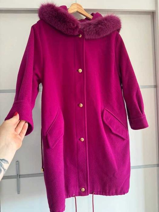 Fuksja - płaszcz parka z wełną i kapturem 46/48