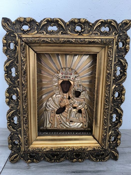 Piękna stara oryginalna XIX wieczna ikona Matki boskiej częstochowskie