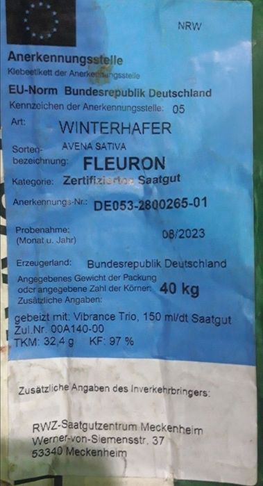Owies ozimy zimujący FLEURON po centrali
