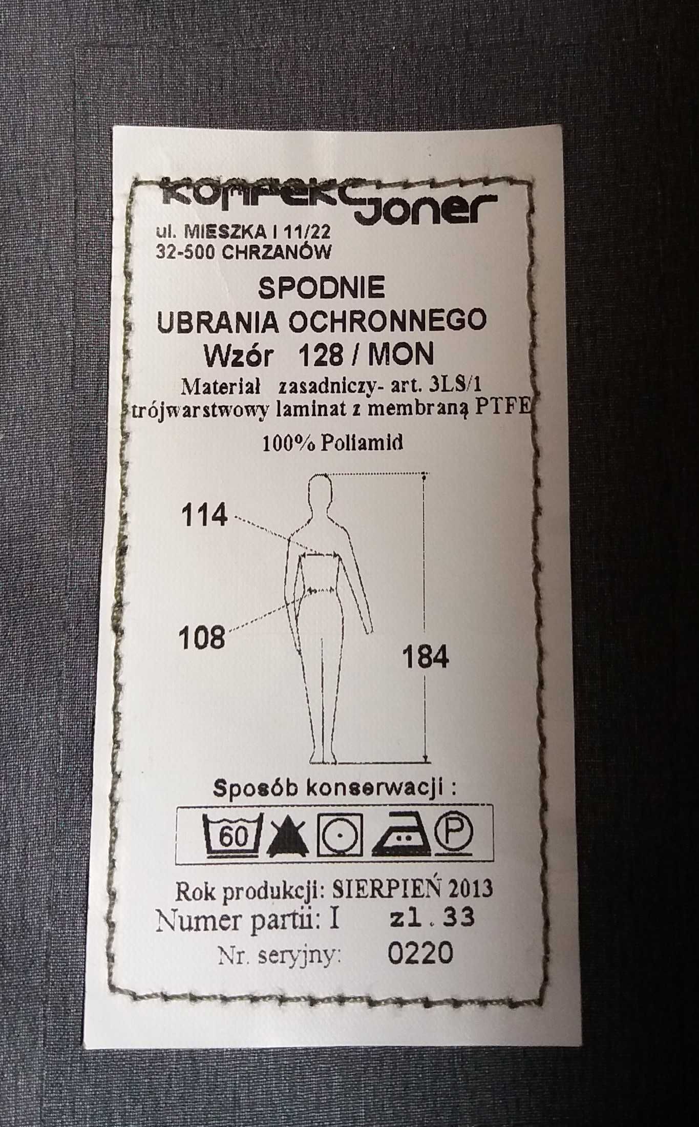 Ubranie nieprzemakalne ochronne 128/MON, 184/114