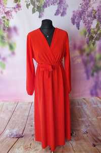 Długa czerwona sukienka z paskiem długi rękaw wiosna impreza komunia