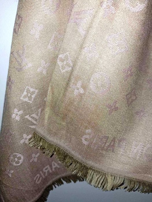 LV dwustronny szal szalik beżowo różowy 50% jedwab 50% kaszmir