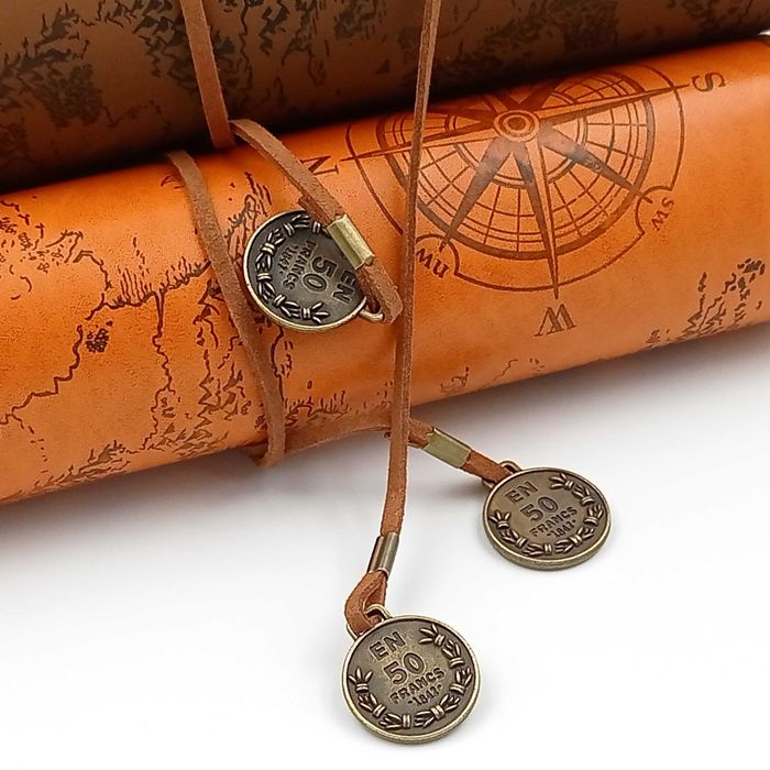 Piórnik szkolny zwijany skórzany mapa skarbów brąz mat..