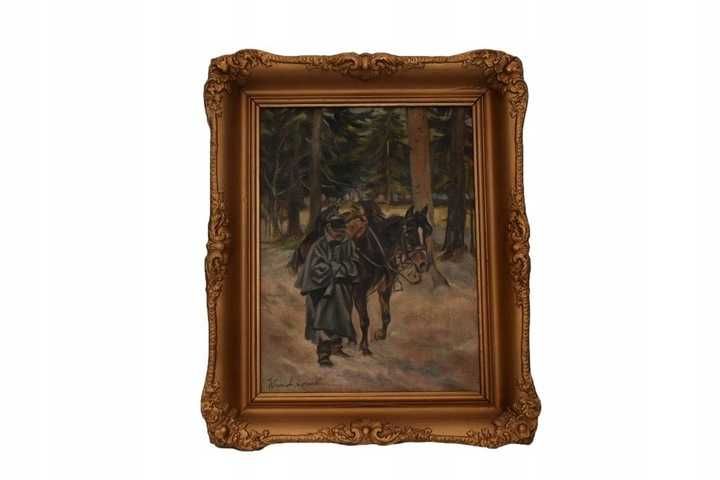 WOJCIECH KOSSAK - Ułan W Lesie - Zima - Obraz Olejny - Złota Rama