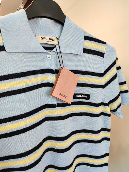Поло Miu Miu Silk And Cotton Knit Polo Shirt Sky Blue