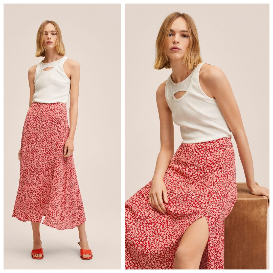 PRIMARK S-M długa czerwona spódnica midi maxi w kwiaty kwiatuszki
