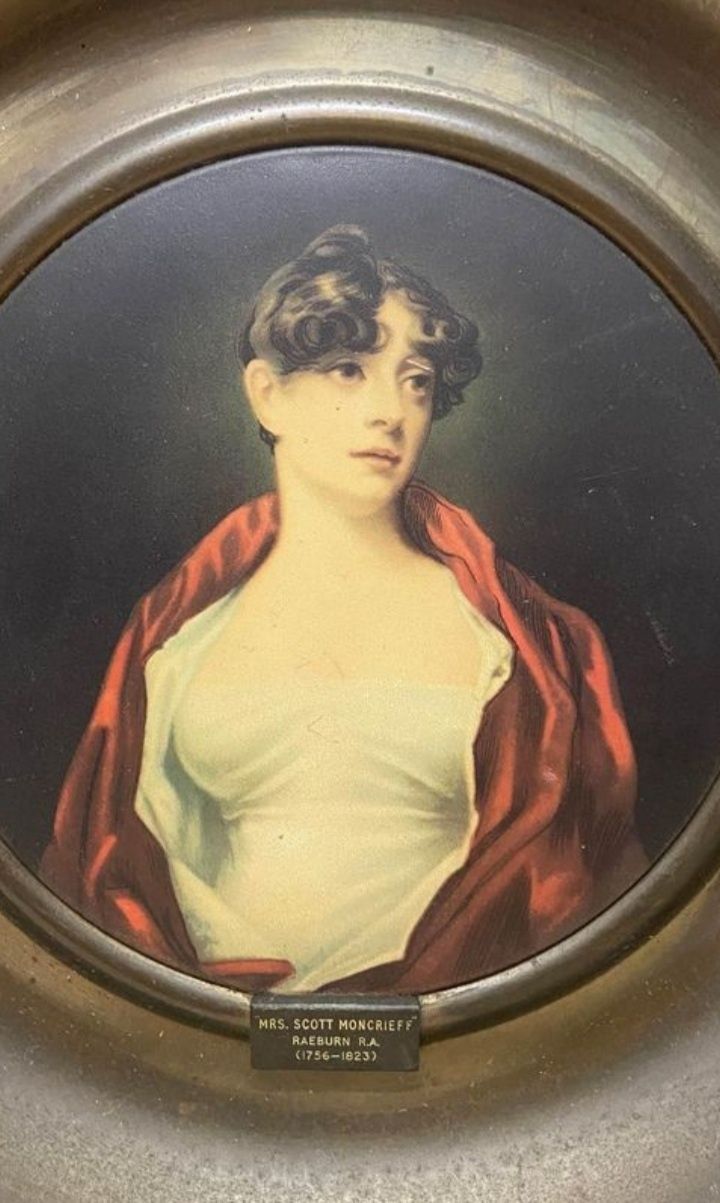 Prato 42 cm Quadro Latão antigo Redondo Vintage Retrato Moncrieff 1880