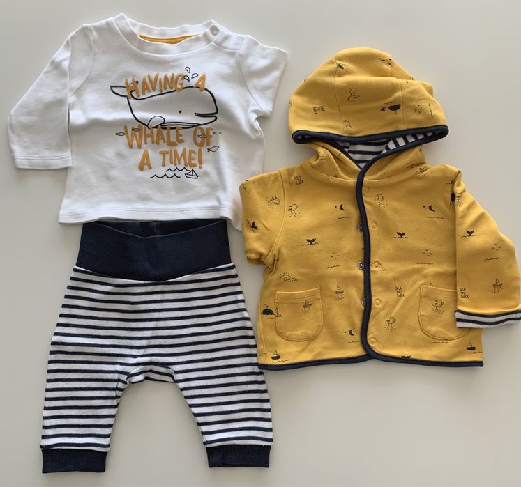 Conjunto camisola, calças, casaco bebe