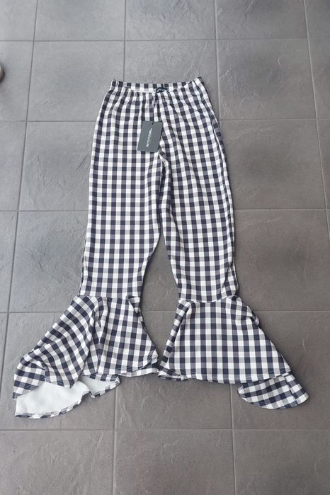 Spodnie wyższy stan szerokie nogawki falbanka kratka M 38 Nowe
