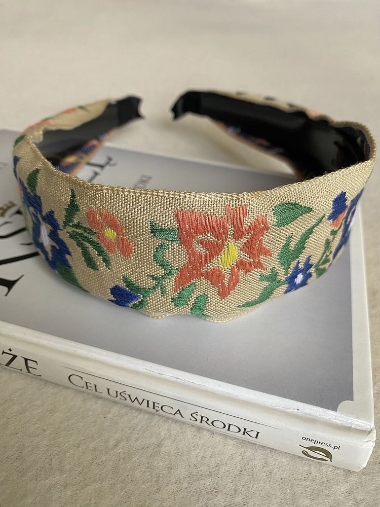 Opaska do włosów Boho/Ethnic haftowana wysoka, Floral/Khaki