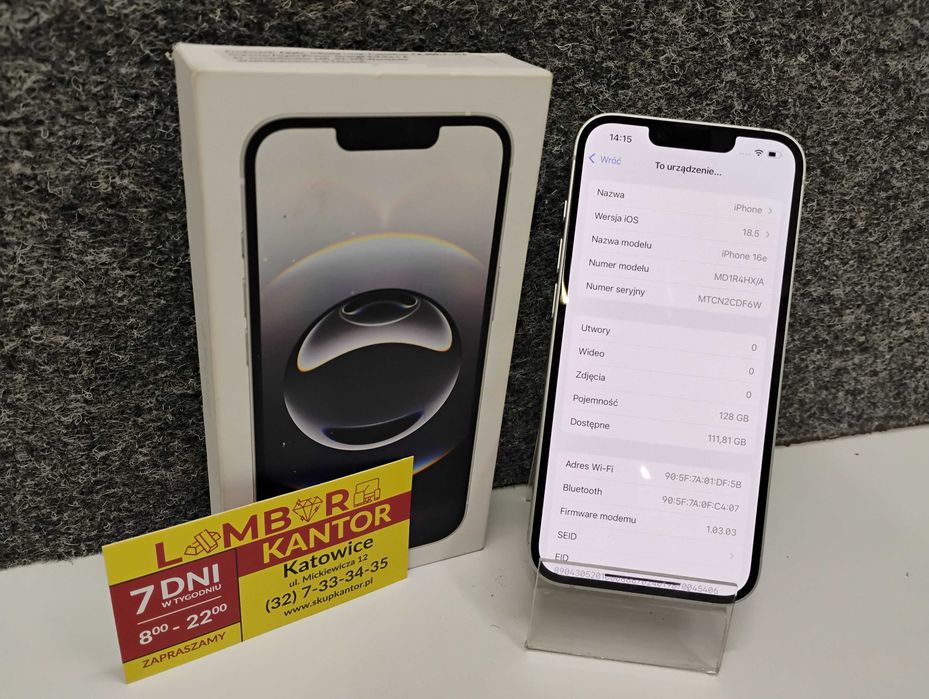 [5064/25] Telefon Iphone 16e 128GB Kolor biały 100% bateria jak nowy!