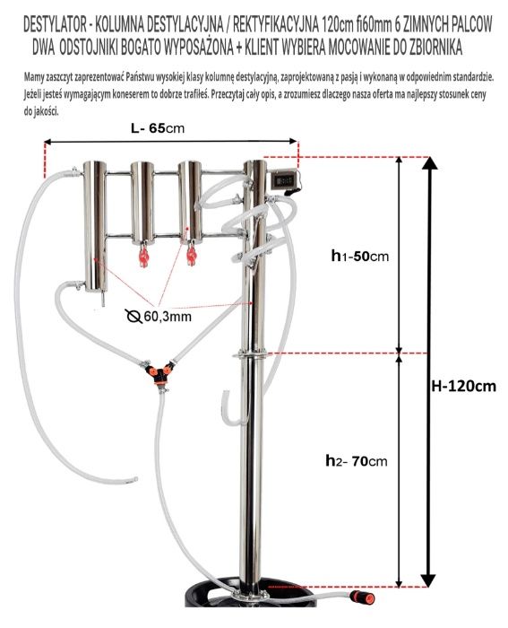 DESTYLATOR kolumna ZIMNE PALCE 120cm 2x odstojnik wypełnienie miedzią