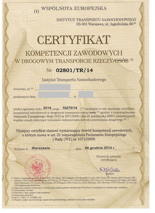 Certyfikat Kompetencji Zawodowych Transport rzeczy