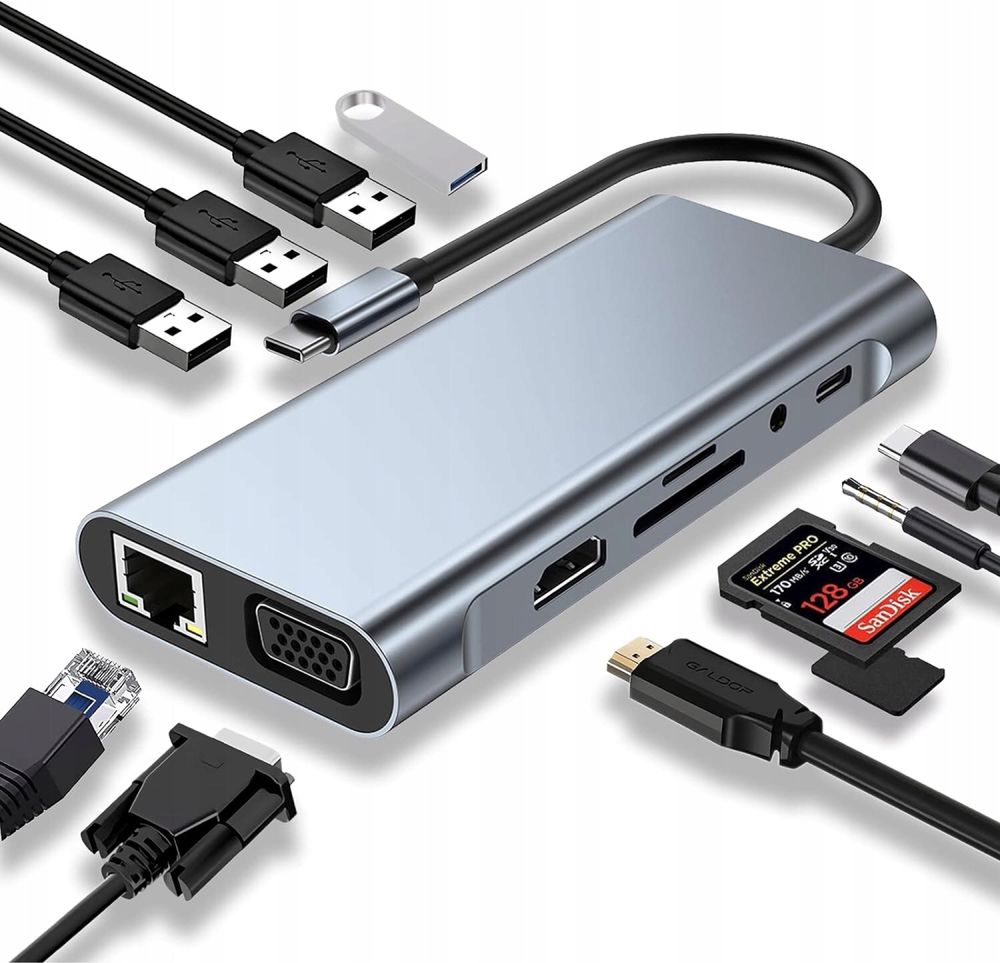 HUB USB-C z 4K HDMI, VGA, USB 3.0, Ether SD/TF, AUX 3,5mm