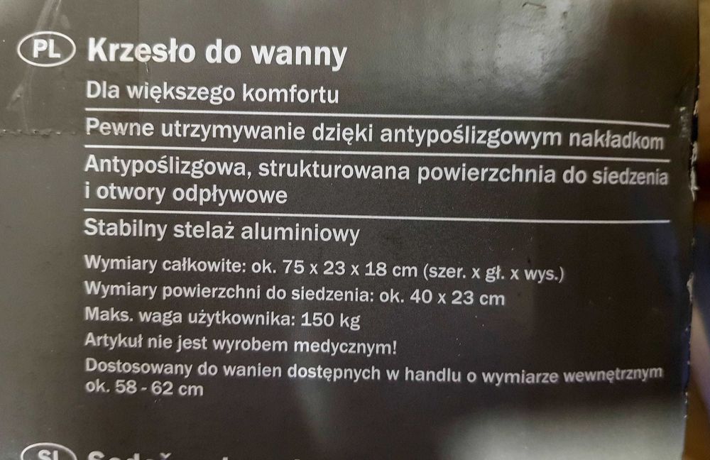 Ławeczka na Wannę SIEDZISKO do Wanny Wgłębne  dla Seniora