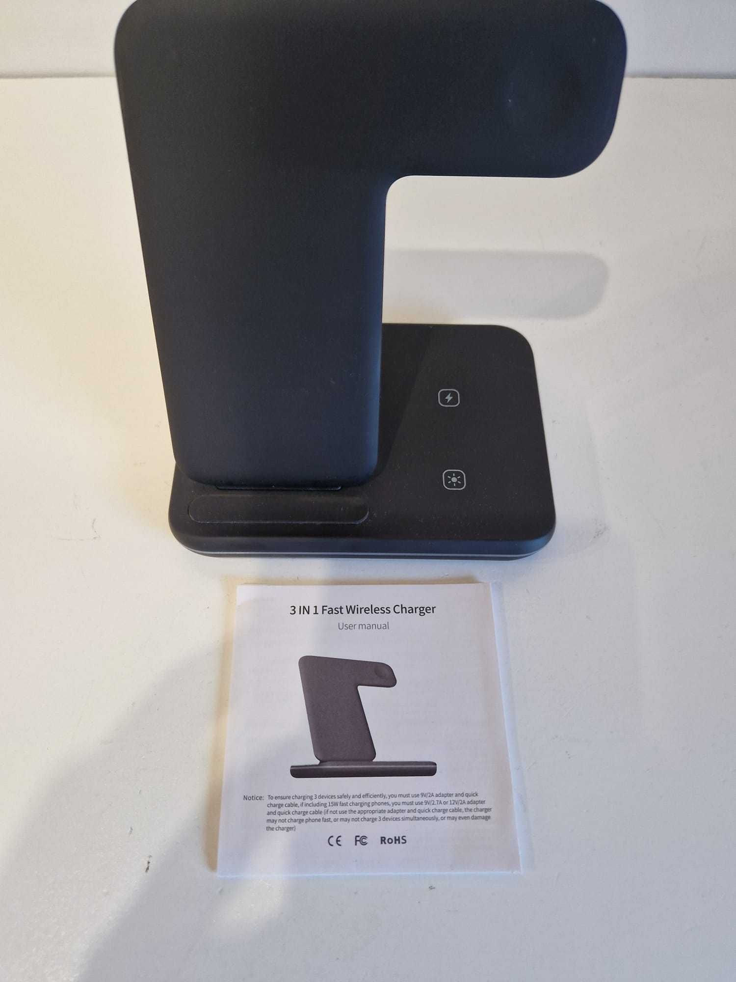 3w1 ładowarka bezprzewodowa Qi do telefonu/słuchawek/zegarka - czarna
