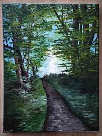 Obraz, pejzaż, las, ręcznie malowany