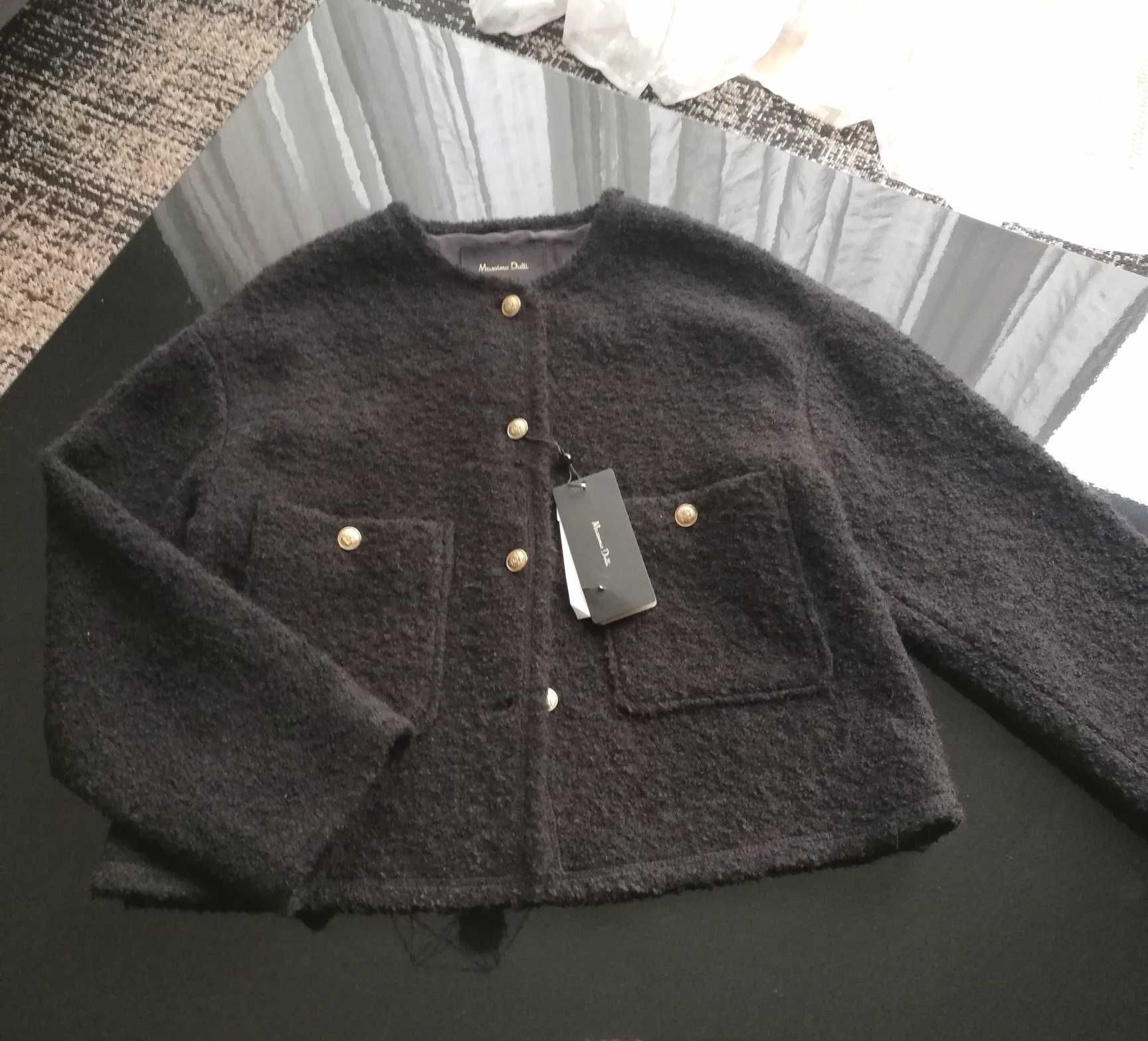 Massimo Dutti wełniany Krótki Żakiet Kardigan Boucle 38M czarny
