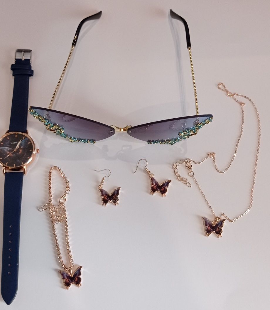 Komplet Okulary zegarek łańcuszek motyl motyle