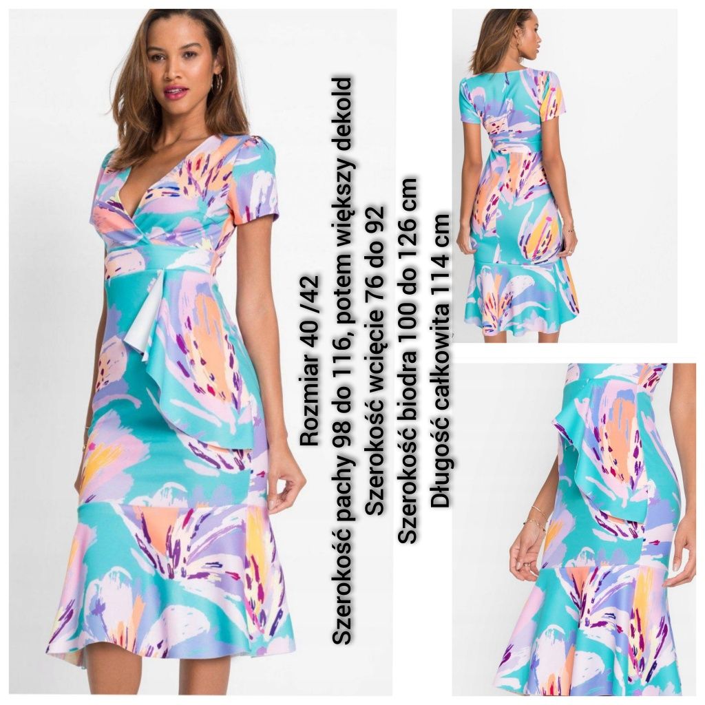 Kolorowa ołówkowa sukienka falbanka 40 42 xl l dopasowana elegancka