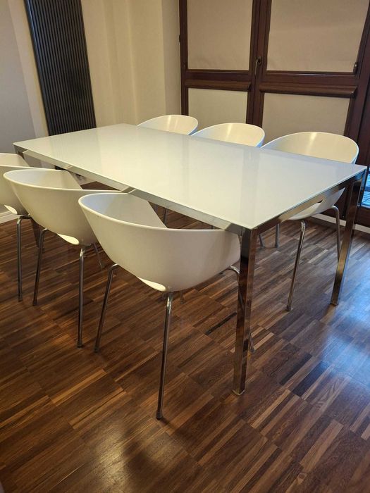 Stół Biały Szklany Jadalnia 180x85cm + Krzesła
