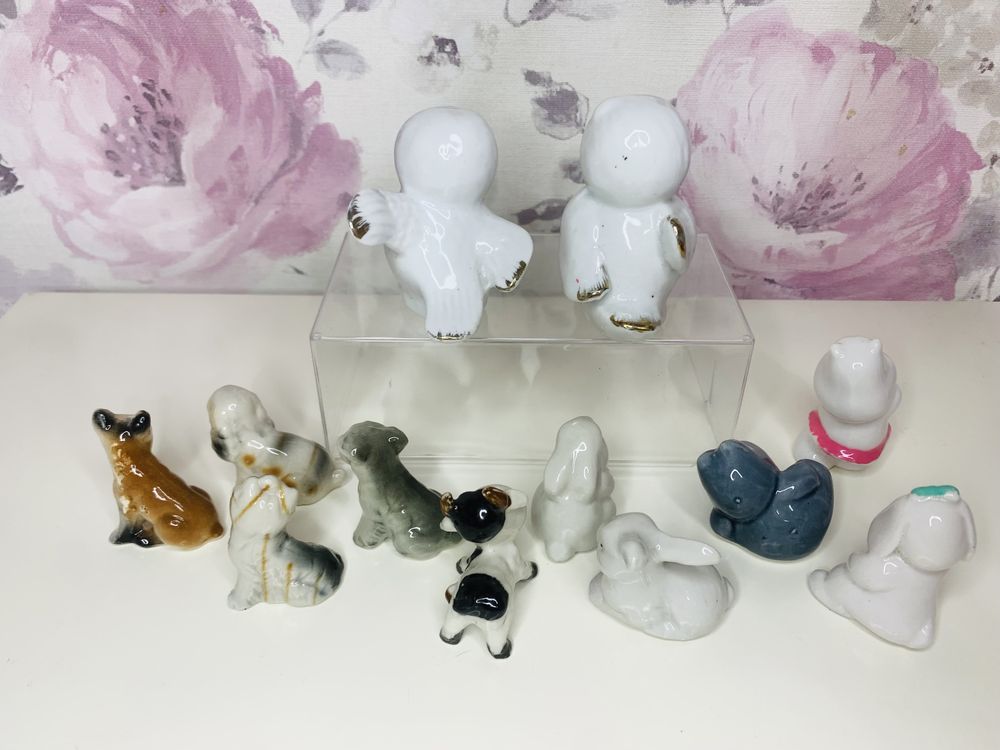Porcelanowe figurki zwierząt, pies, sowa, królik itd