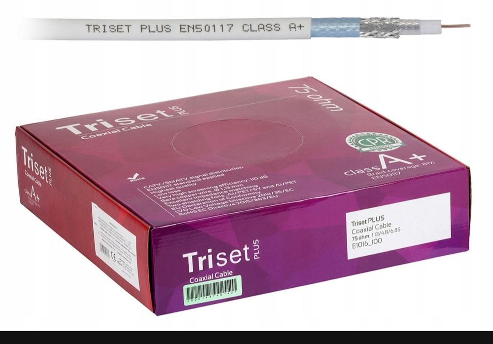 Kabel antenowy koncentryczny Triset 113-PE/Triset Plus A+ z wtykami F
