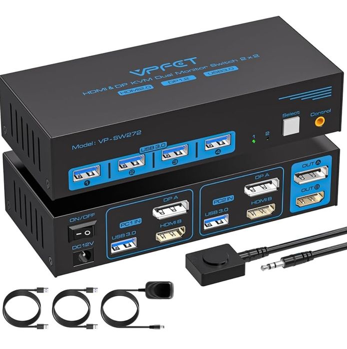 KVM-перемикач,Switch, на 2 монітори з 2 ПК USB 3.0 HDMI.