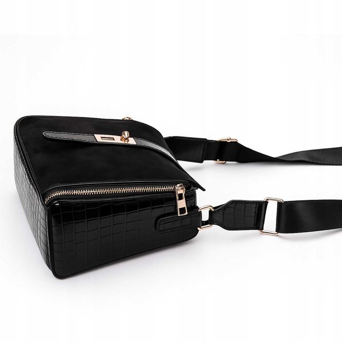 Listonoszka Damska Czarna Elegancka Torebka na Ramię Skóra Eko Zamsz