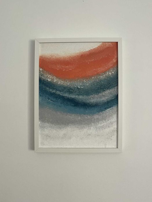Pintura abstrata em acrílico em tons de azul, salmão e cinzento