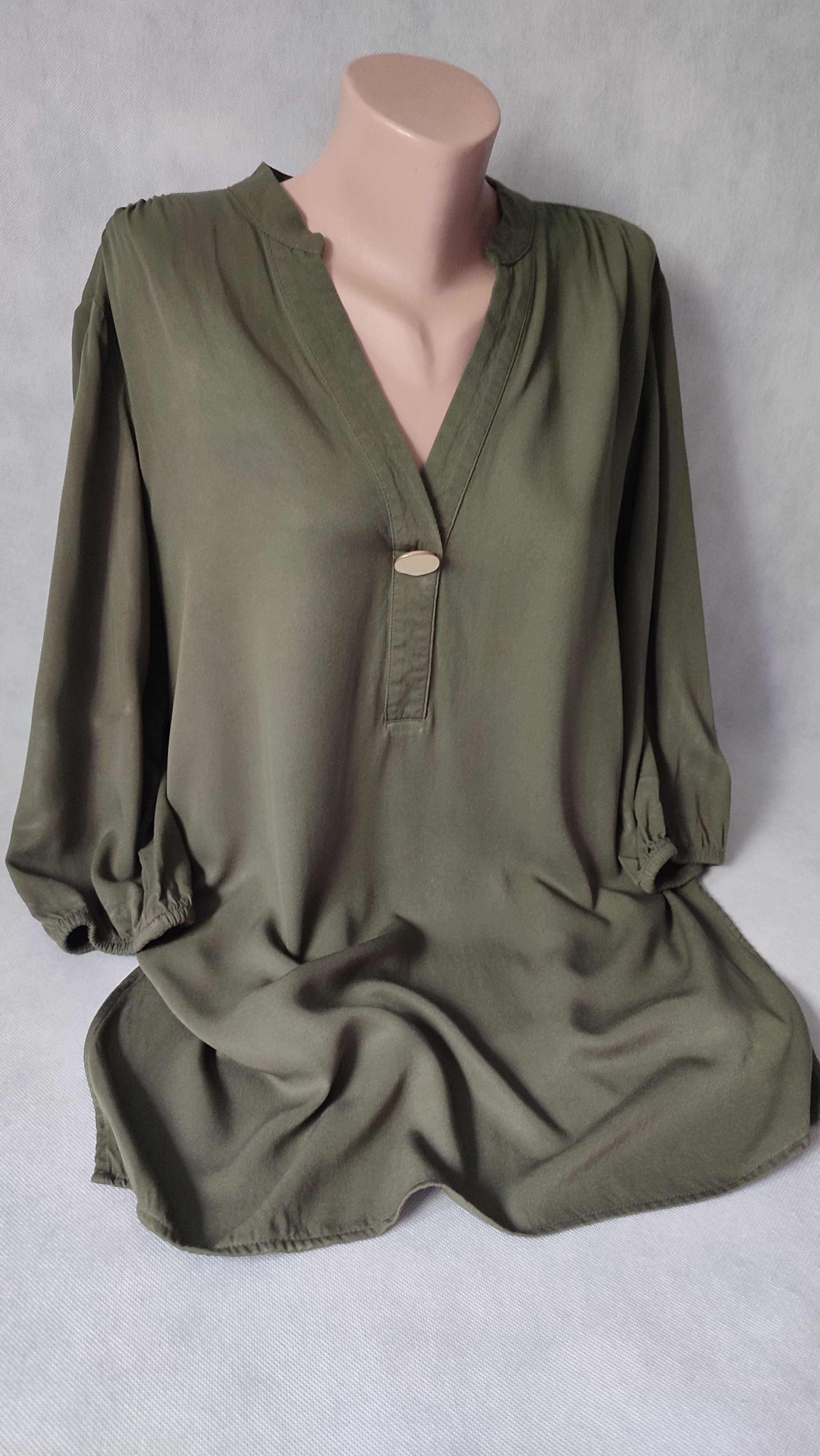 Bluzka damska khaki plus size tunika z rękawem 3/4 dekolt V rozmiar 42