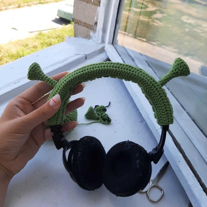 в'язаний ободок на навушники, вушка шрека