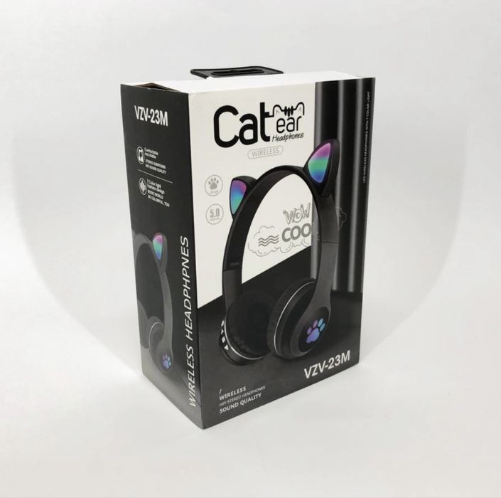 Бездротові навушники Cat VZV 23M з котячими вушками та RGB, чорні,Топ)