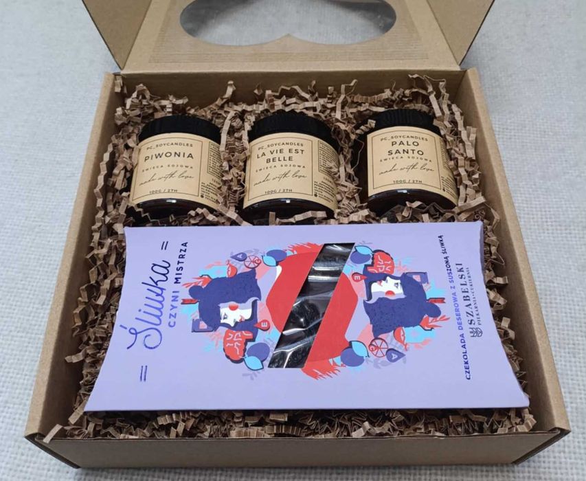 Zestaw Prezentowy 3x Świeca Sojowa 120ml + Czekolada Gorzka SERCE