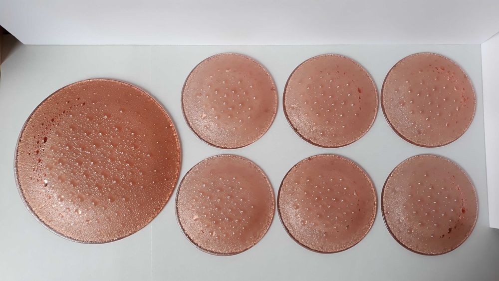 Zestaw: talerz + 6x talerzyk ASTEROID, Ząbkowice, kolorowe szkło PRL