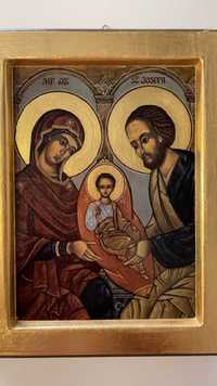 Ikona z wizerunkiem Świętej Rodziny Matka Boża Jezus w złotej ramie