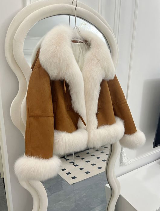 Kożuch kurtka płaszcz futro naturalne lis jenot camel