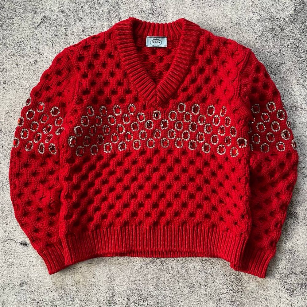 Светер Prada Red Wool Chunky-knit Crystal Embellished