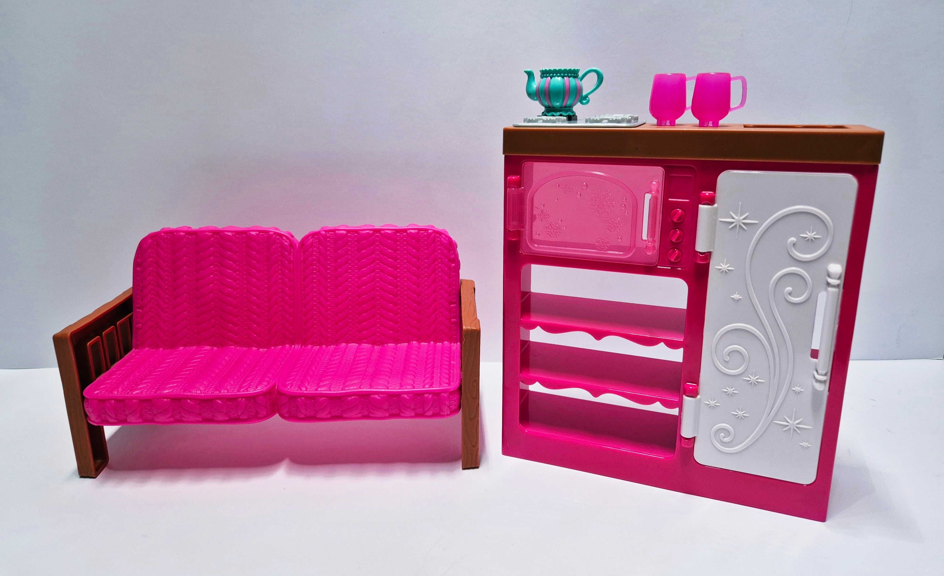 Barbie Zestaw mebli do salonu sofa, stół, krzesło, kominek, aneks