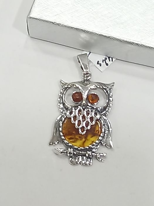Srebrny wisiorek z bursztynem,  sowa,  srebro 925