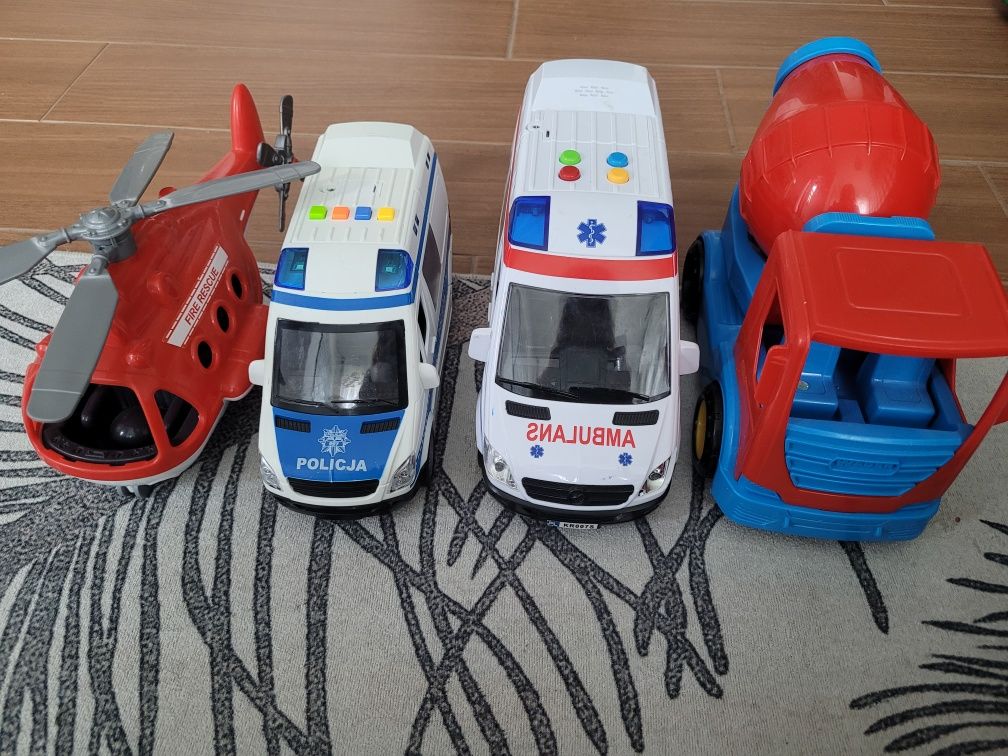 Zestaw pojazdów 4sztuki, policja, ambulans, betoniarka, helikopter